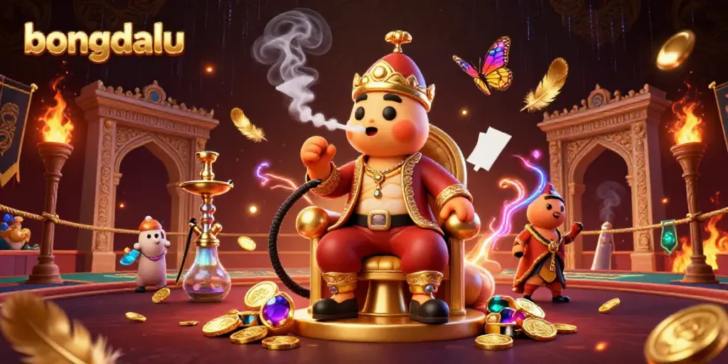 Bongdalu showcases an elaborate 3D scene where a caterpillar hookah-master interacts in a vibrant sports betting atmosphere.