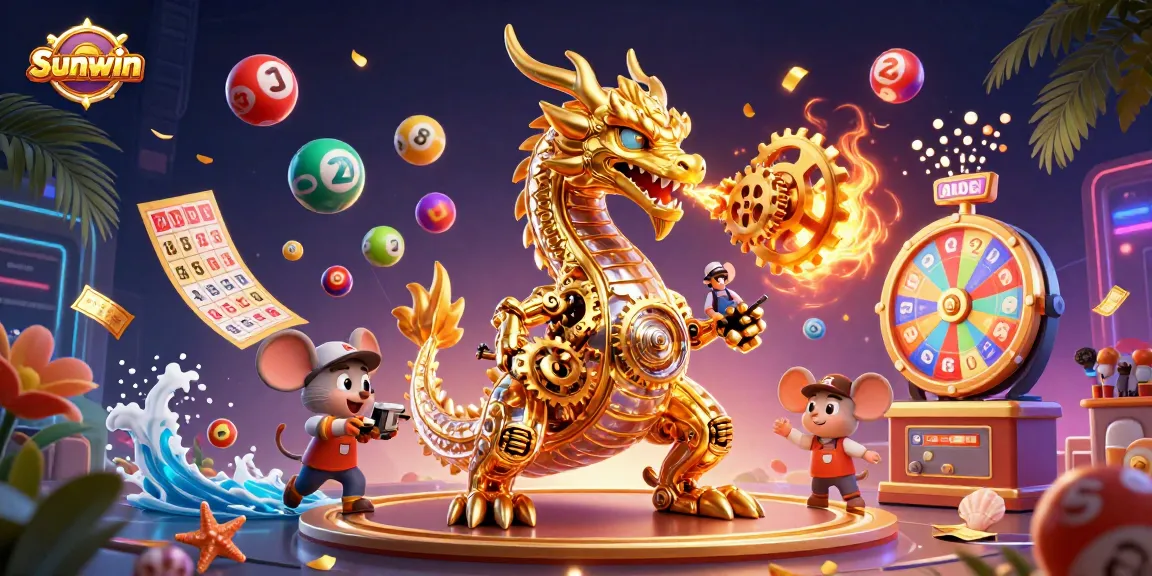 Experience thrilling gameplay at Sunwin with a vibrant 3D illustration featuring a dragon and engaging casino elements.
