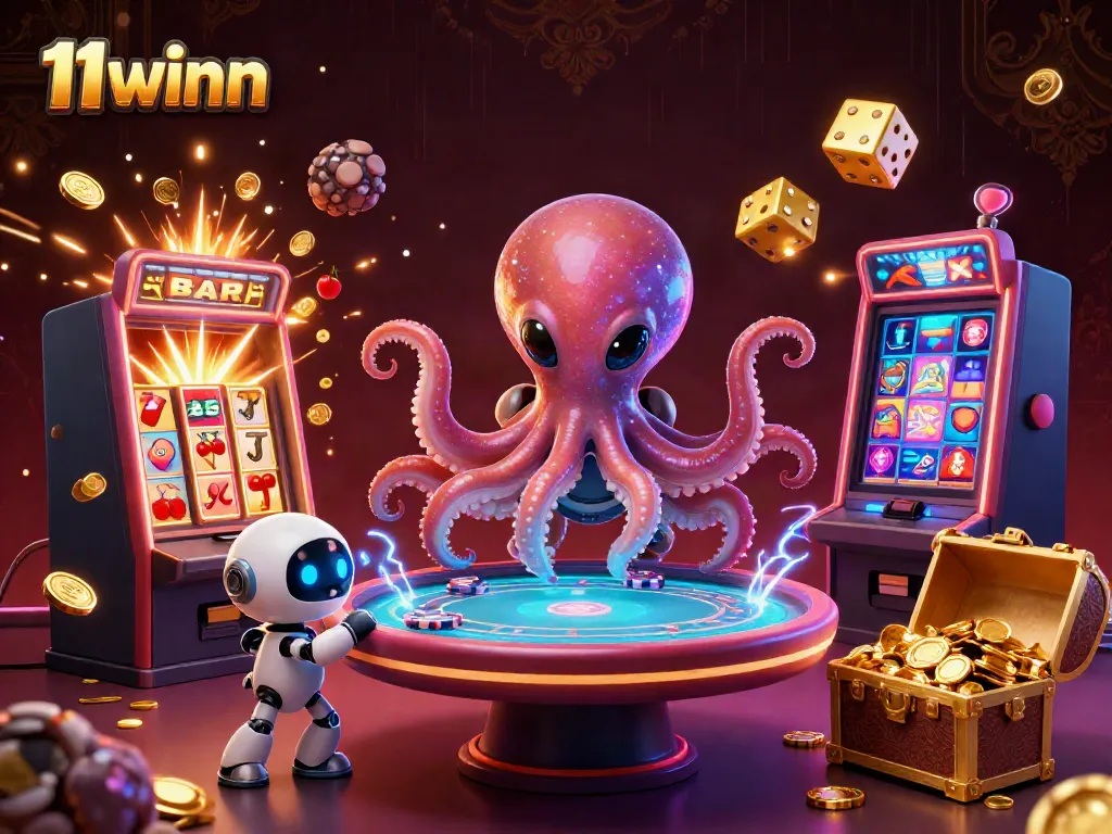 Experience excitement at 11winn with cartoon alien octopus operating a holographic poker table amidst a jackpot burst.