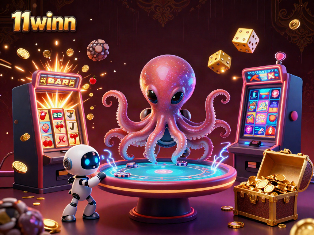 Experience excitement at 11winn with cartoon alien octopus operating a holographic poker table amidst a jackpot burst.