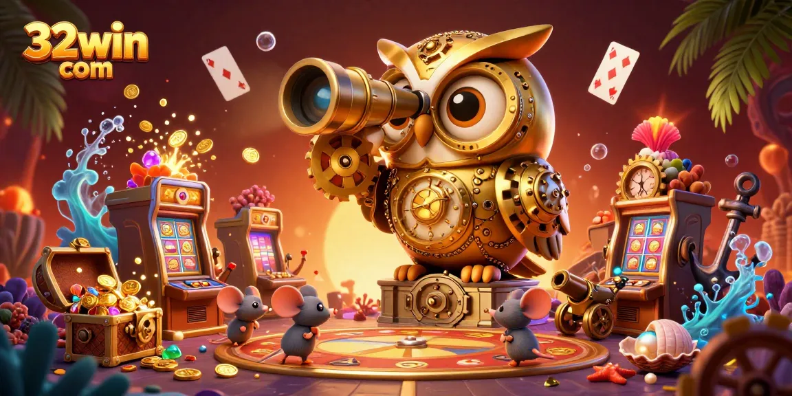 Engage with the vibrant atmosphere of 32win com, featuring a whimsical owl overseeing a lively casino with treasure and games.