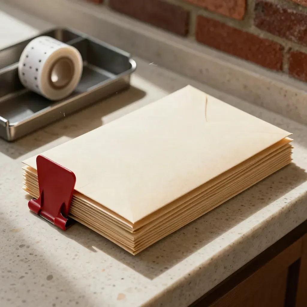 Een stapel aanmaningsenveloppen in een posttray met rode clip en postzegelrol