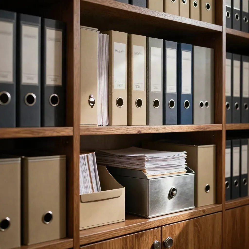 Archiefmappen en dozen op een houten kast in dramatisch licht, voor debiteurenbeheer.