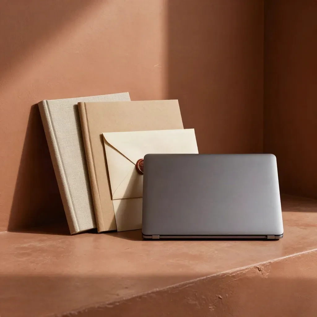 Bovenaanzicht van adviesbundel met mapjes, notitieboek, verzegelde envelop en gesloten laptopdeksel.