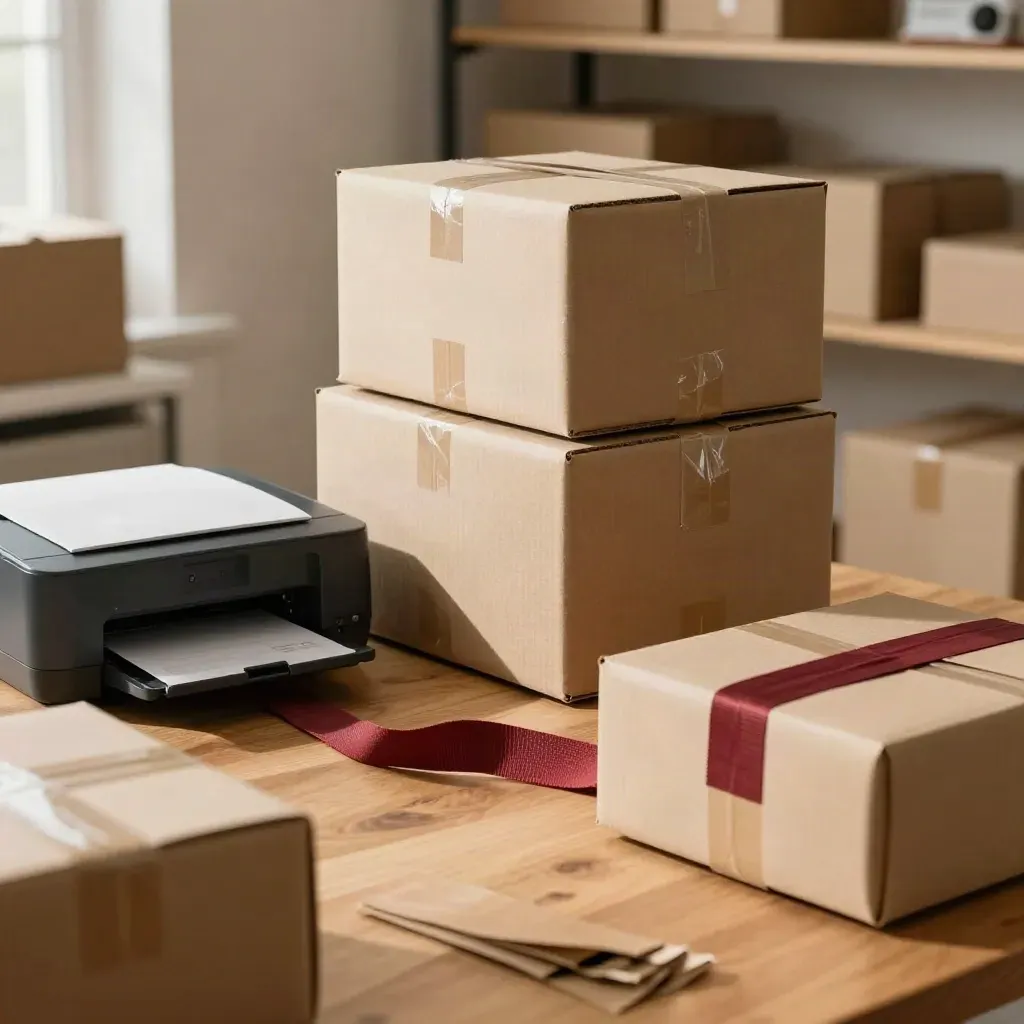 Opgeruimde webshop-verzendtafel met dozen, dossiertray en labelprinter in zacht ochtendlicht.