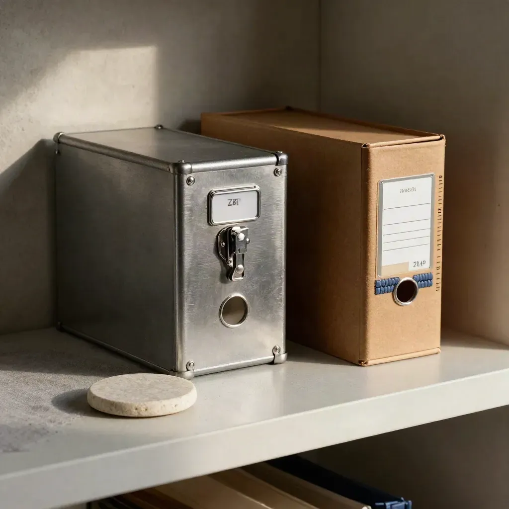 Gesloten geldcassette met archiefdozen en stenen onderzetter in rustig middaglicht.
