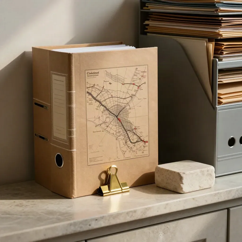 Binder, kraft map en brass clip op een stenen ledge in dramatisch licht