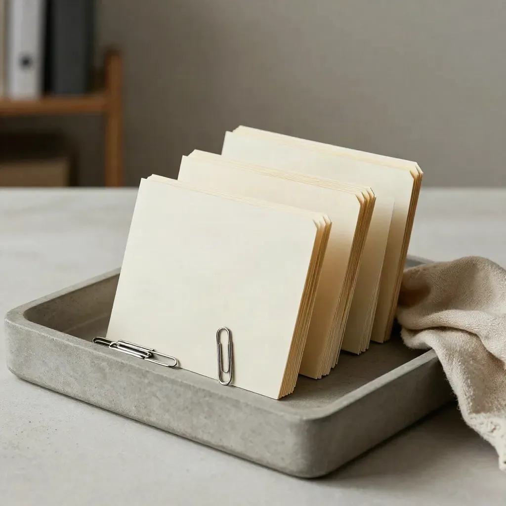 Archieftray met tabkaartjes, paperclips, dossiermap en linnen doek op een stenen blad.