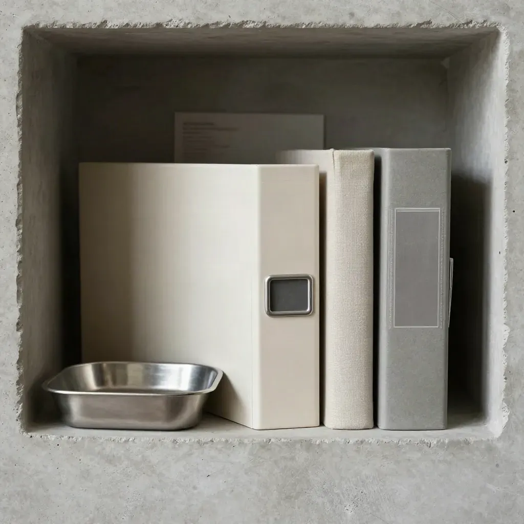 Archiefdoos, uitgaande tray en binder in een smalle nis, strak en gespannen in zacht licht.