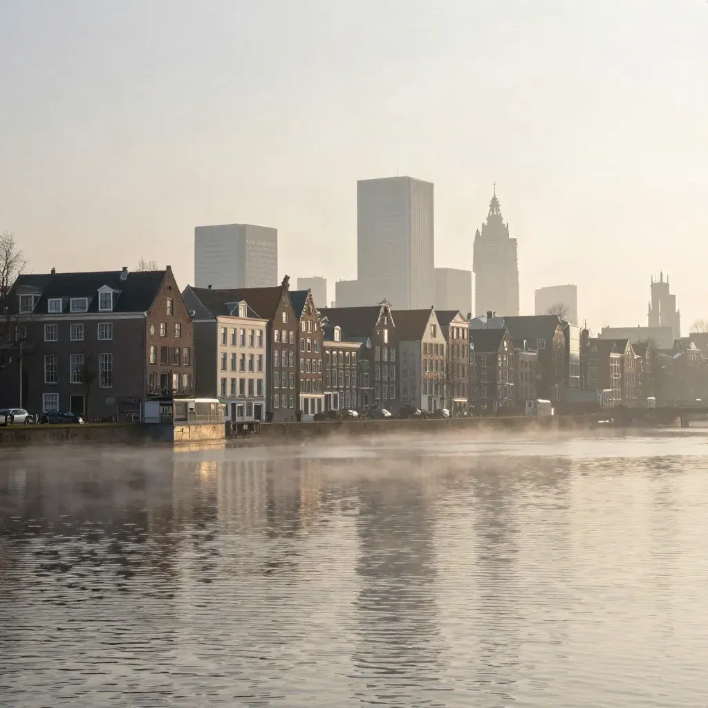 Mistige skyline van Amsterdam boven stil water bij zonsopkomst.