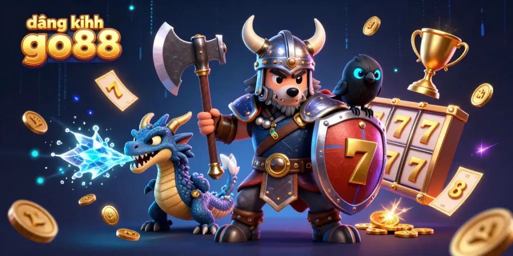 Engaging illustration featuring đăng ký go88 branding with a Viking wolf warrior and dragon in a dynamic casino setting.