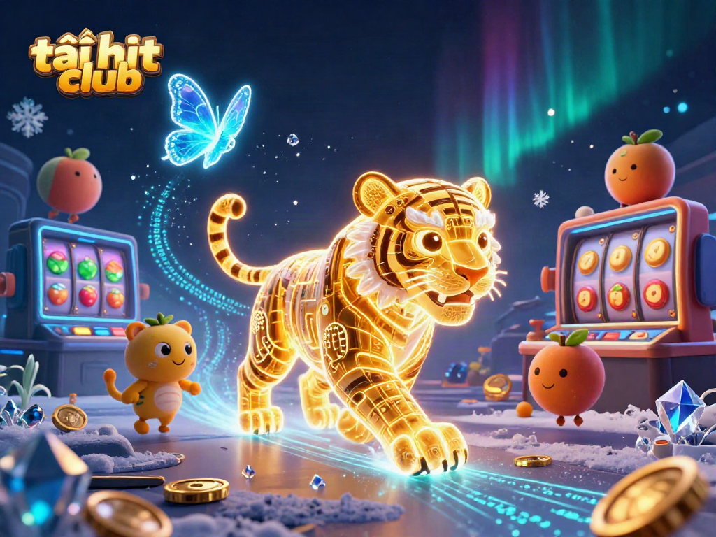 Experience the thrill of tải hit club with an engaging casino scene featuring a golden tiger and dynamic slot elements.