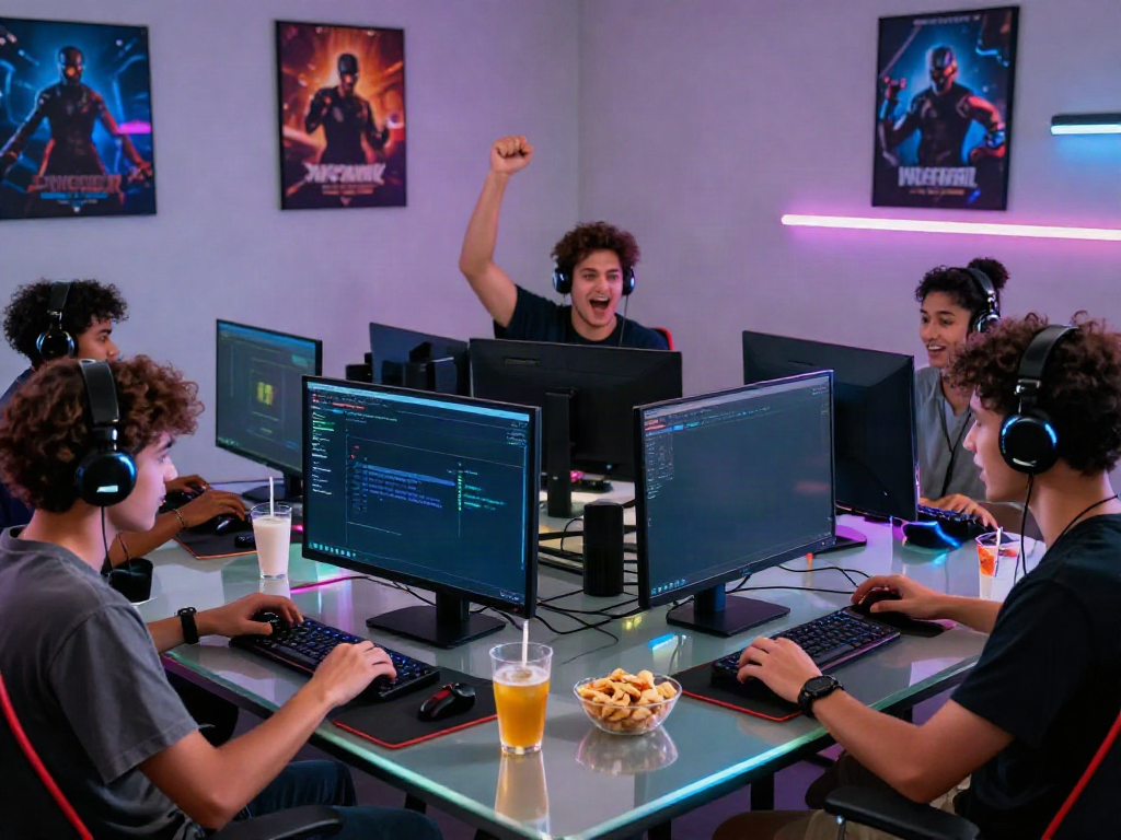 Exciting multiplayer gaming scene at https://manclub1.jp.net/ with friends celebrating a victory amidst vibrant LED lights and snacks.