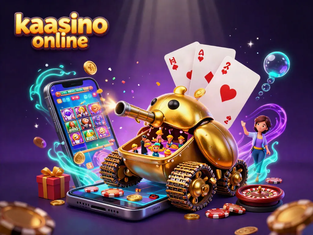 Kaasino online showcases a lively casino scene with golden beetle tank and engaging game effects.