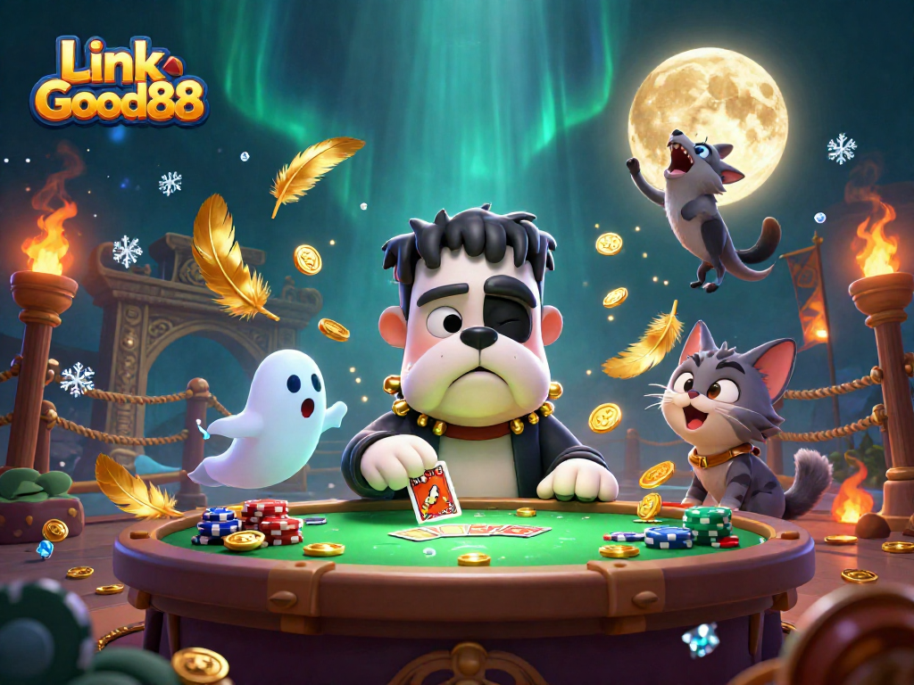 Engage in iconic games with Link Good88 at a vibrant cartoon casino scene showcasing thrilling action.