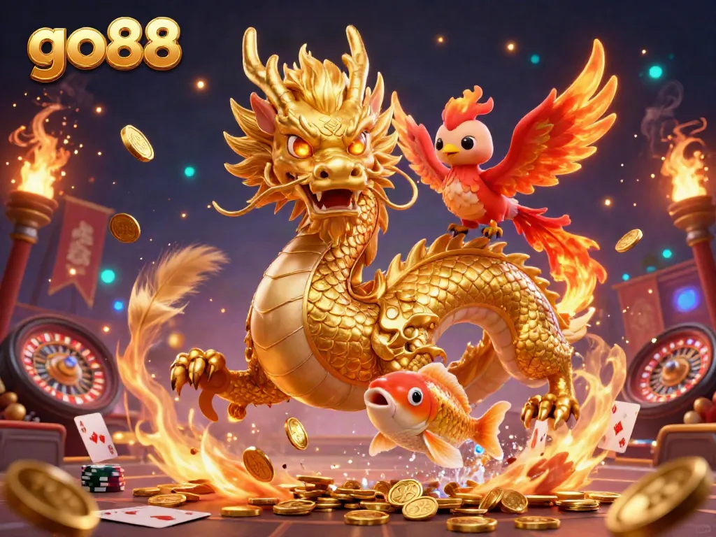 Experience winning excitement at go88 with a fierce dragon, phoenix, and koi fish in a casino setting.