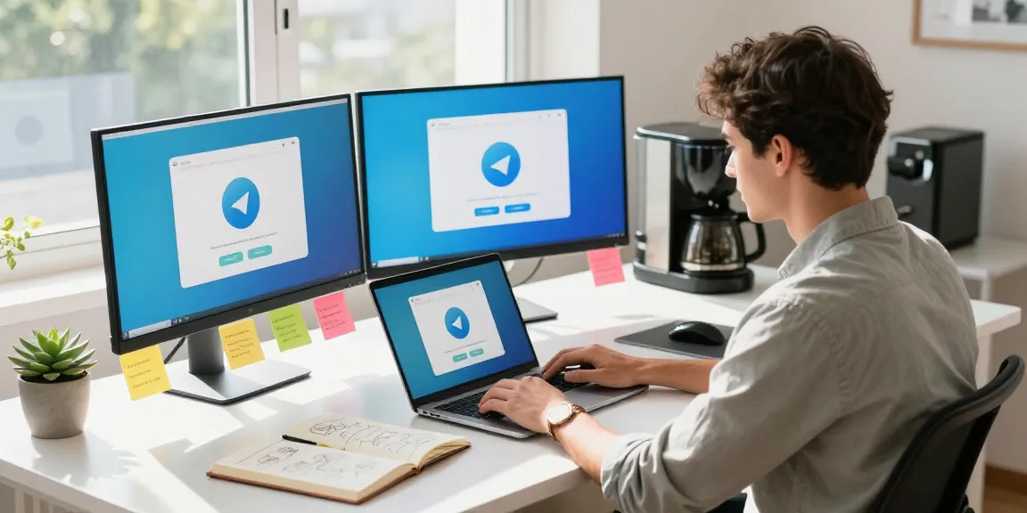 Download Telegram on a modern tech workspace with dual monitors and a laptop.