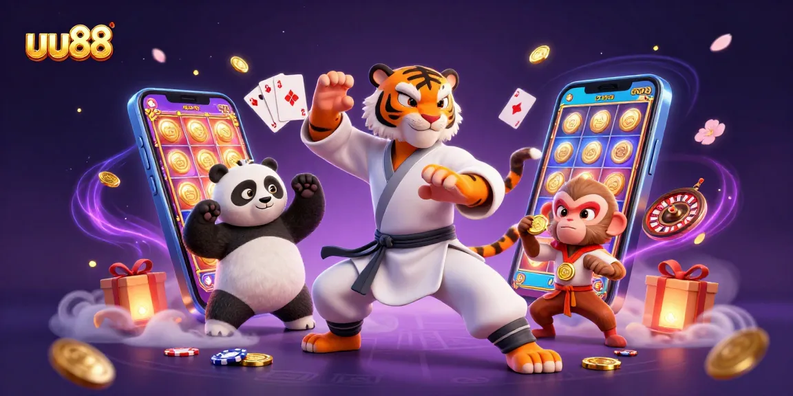 Engage with uu88 through an exciting casino adventure showcasing playful characters amidst vibrant gaming elements.