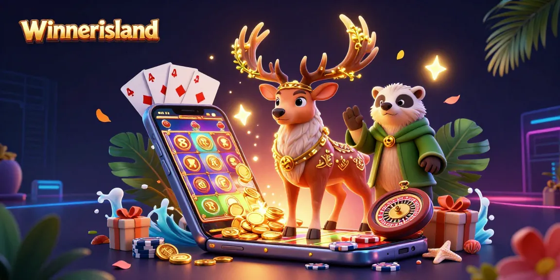 winnerisland captures the excitement of casino games with a vibrant 3D scene featuring mystical characters and dynamic slot elements.