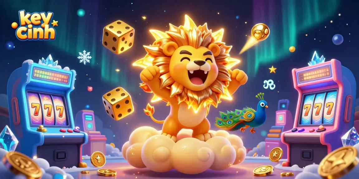 Engage with key chính as the roaring sun lion and golden dice surround vibrant casino game elements.