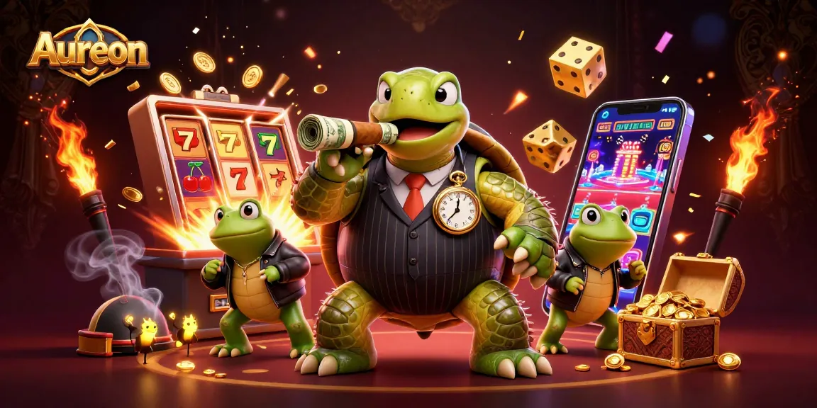 Aureon casino features an exciting scene with a snapping turtle and bullfrog enforcers among lively slot machines.