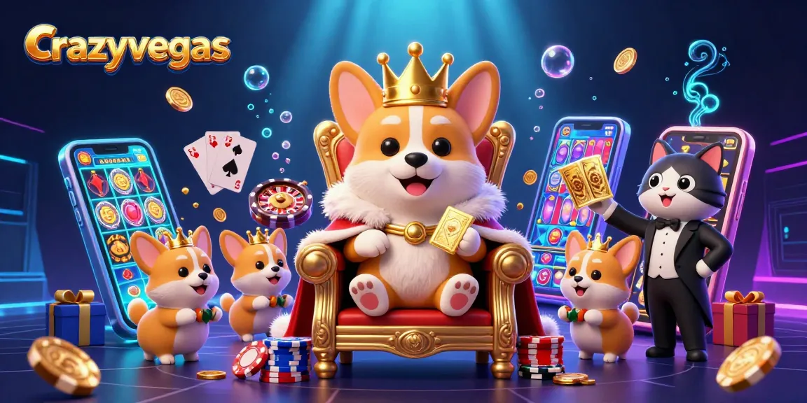 Spin and win at crazyvegas with a royal corgi and his feline butler in a lively casino scene.