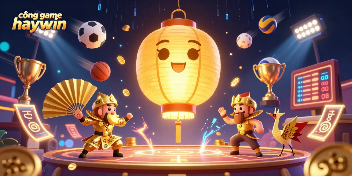 Experience dynamic gaming excitement at cổng game haywin with vibrant 3D illustrations of winning elements.